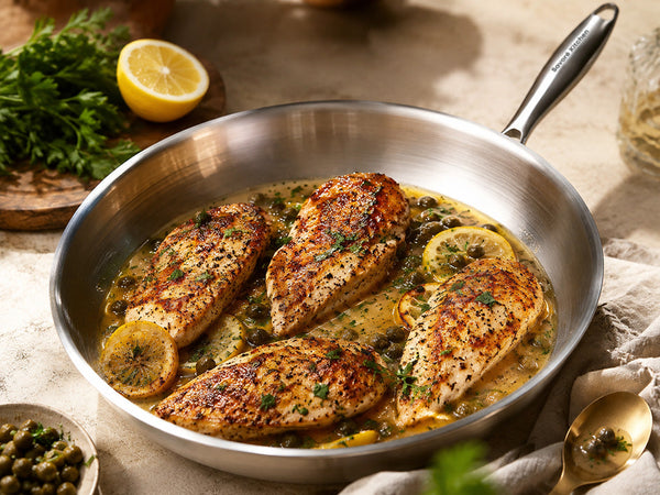 Kipfilet met citroen-kappertjessaus in RVS koekenpan