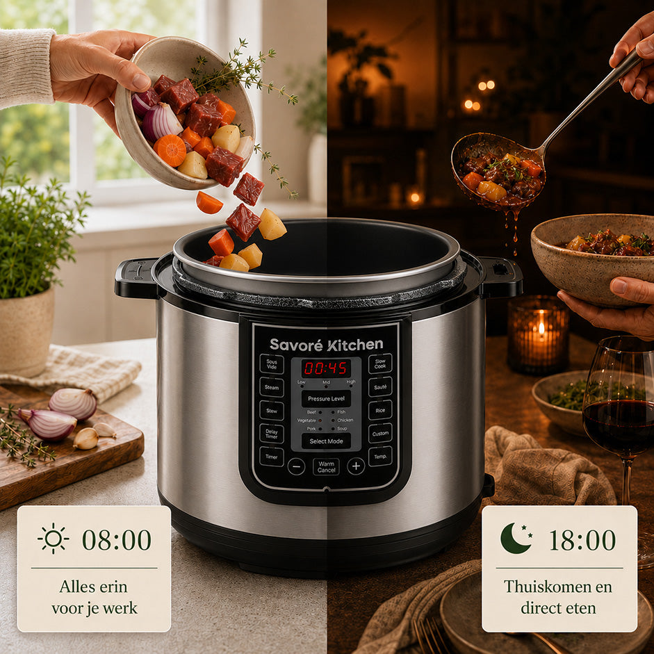 Savoré Kitchen Pressure Cooker met 24-uur uitgestelde start — 's ochtends om 08:00 vullen, 's avonds om 18:00 thuiskomen en direct stoofpot eten