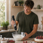 Slagroom opkloppen met garde opzetstuk van de Savoré Kitchen staafmixer