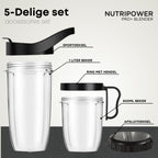 NutriPower Pro+ 5-delige accessoires set: 1 liter beker, 600 ml beker, sportdeksel, ring met hendel en afsluitdeksel