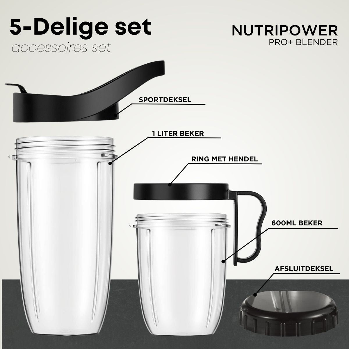 NutriPower Pro+ 5-delige accessoires set: 1 liter beker, 600 ml beker, sportdeksel, ring met hendel en afsluitdeksel