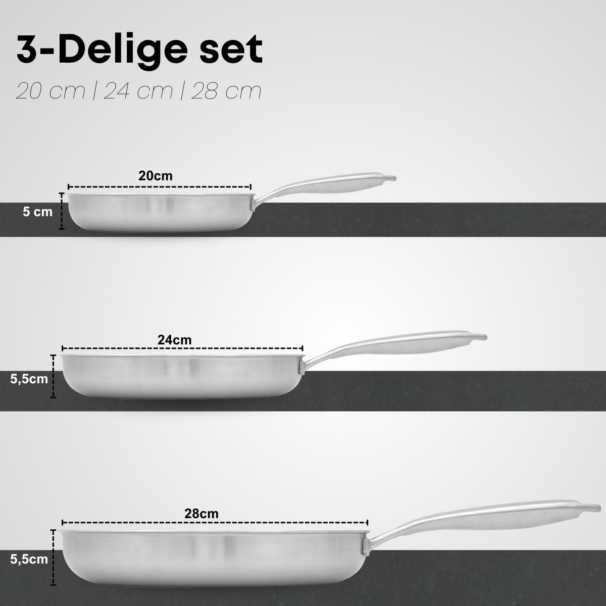 Afmetingen van de Savoré Kitchen 3-delige koekenpannenset 20, 24 en 28 cm