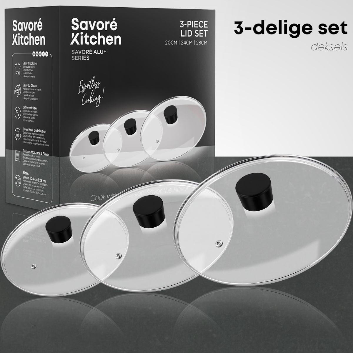 Glazen pannendeksel set 20/24/28 cm | SavoréAlu+ | Savoré Kitchen