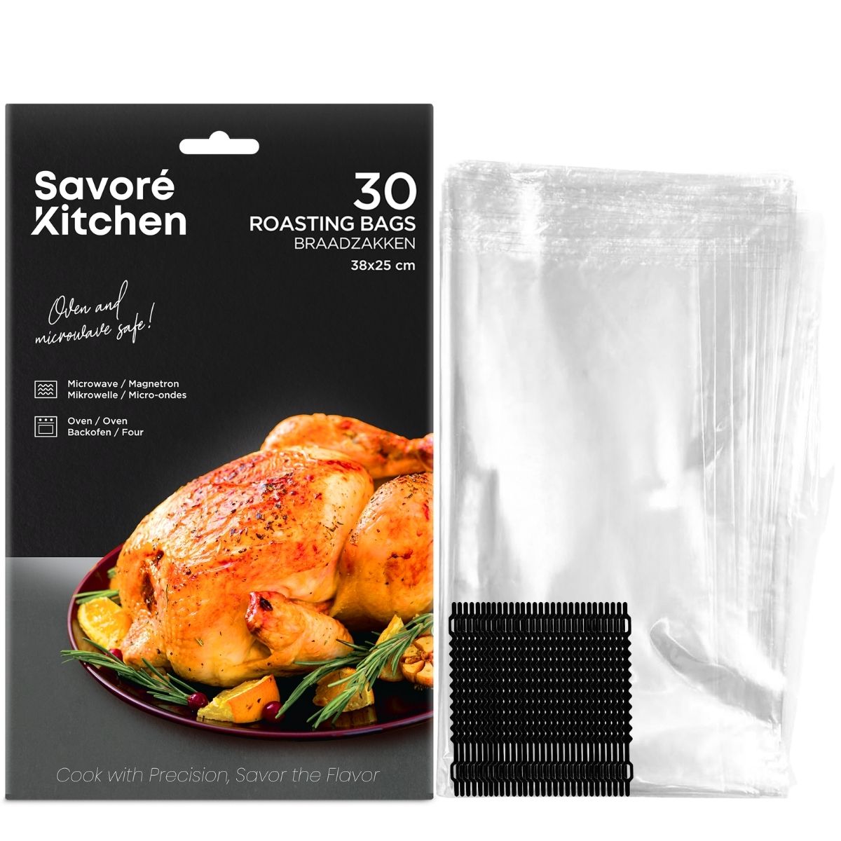 Savoré Kitchen braadzakken 30 stuks met sluitclips, verpakking en inhoud