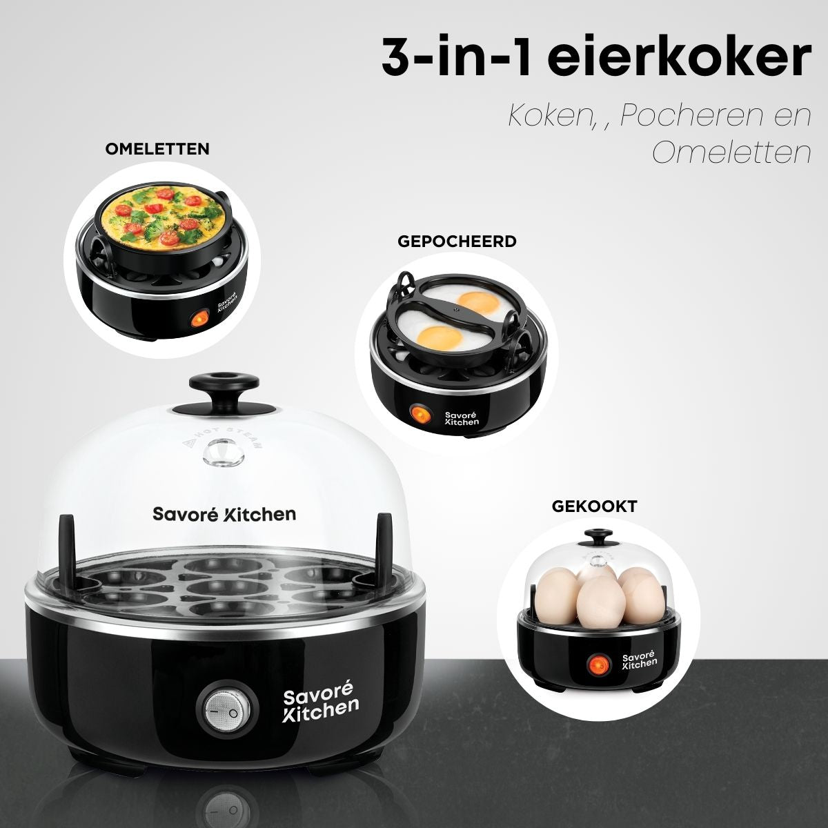 3-in-1 eierkoker: eieren koken, pocheren en omelet maken