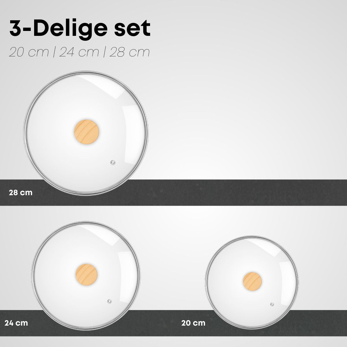 Savoré Kitchen pannendeksel set 3-delig (20/24/28 cm) – gehard glas, stoomventiel, houtlook handgreep