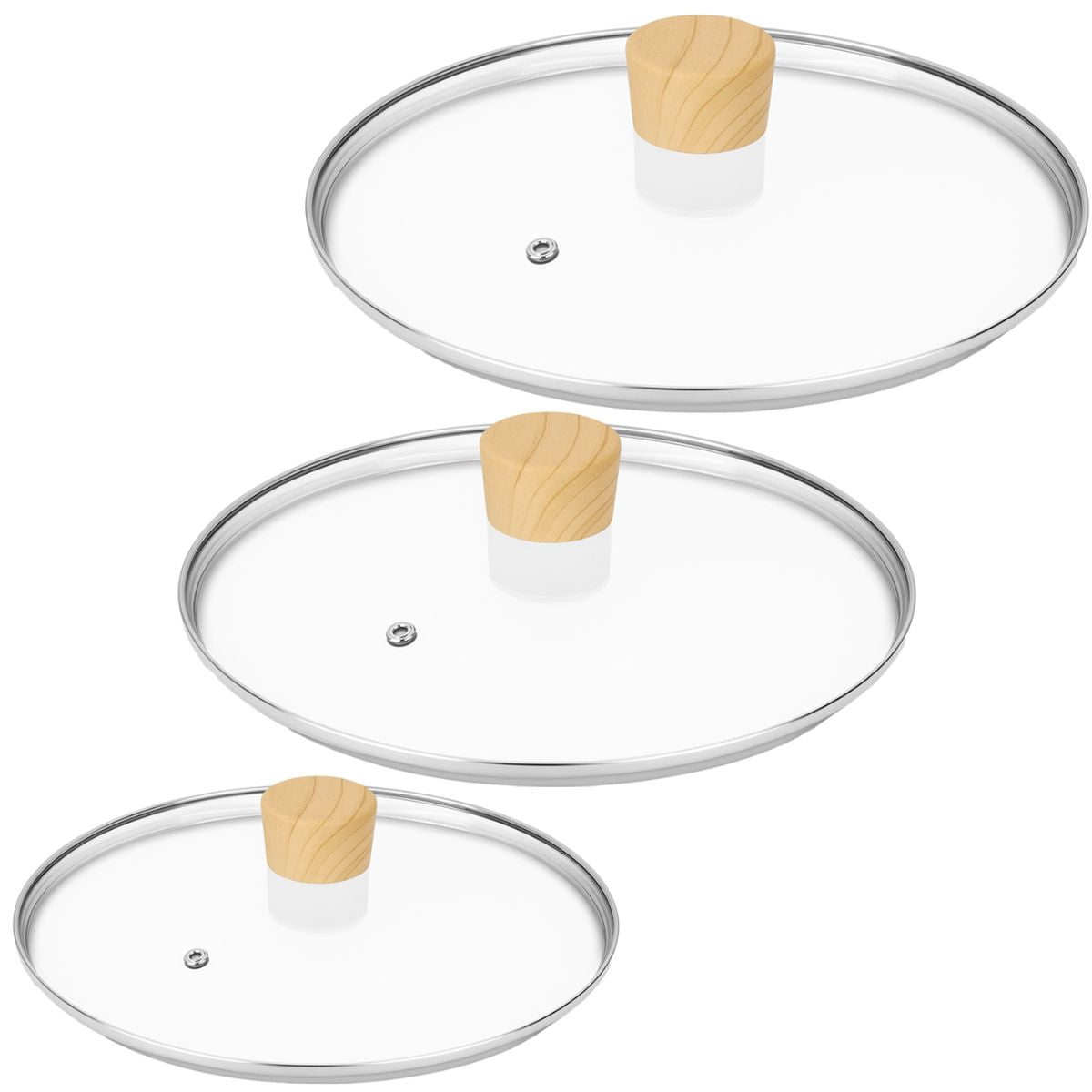 Savoré Kitchen pannendeksel set 3-delig (20/24/28 cm) – gehard glas, stoomventiel, houtlook handgreep