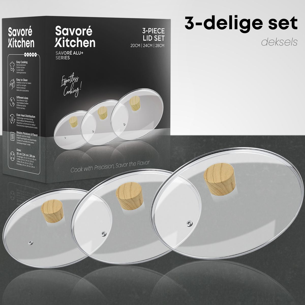 Savoré Kitchen pannendeksel set 3-delig (20/24/28 cm) – gehard glas, stoomventiel, houtlook handgreep