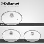 Overzicht van de maten van de Savoré Kitchen glazen dekselset 20, 24 en 28 cm