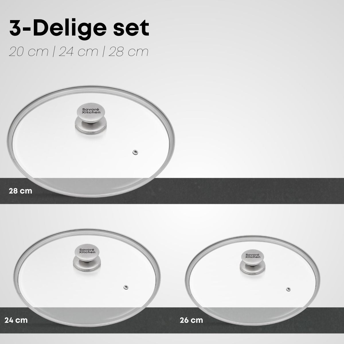 Overzicht van de maten van de Savoré Kitchen glazen dekselset 20, 24 en 28 cm