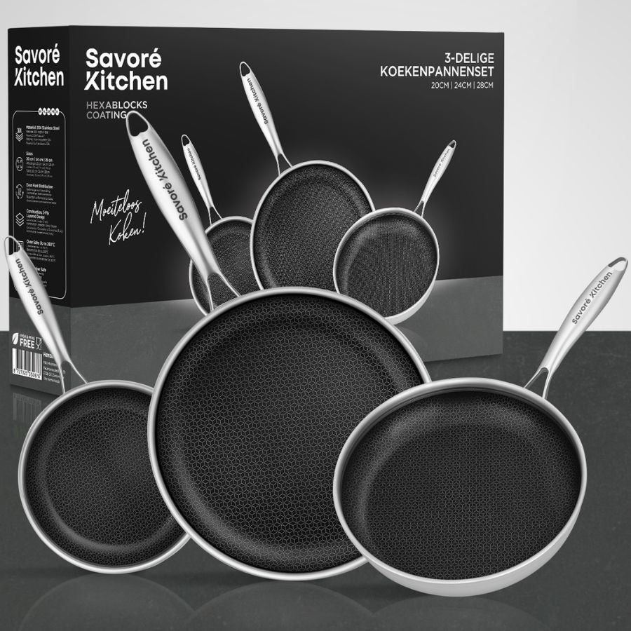 Savoré Kitchen HexaBlock RVS Koekenpannenset 3-delig | PFAS-vrij | Inductie
