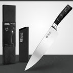 Savoré Kitchen koksmes met verpakking, productfoto vanuit hoek