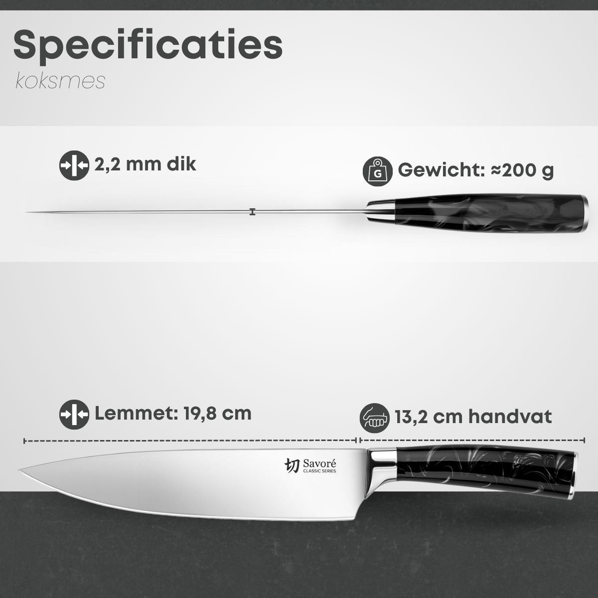 Specificaties van het Savoré Kitchen koksmes: lengte en gewicht