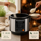 Savoré Kitchen Multicooker 3L met delay timer — 's ochtends rijst erin om 08:00, 's avonds thuiskomen om 18:00 en direct eten