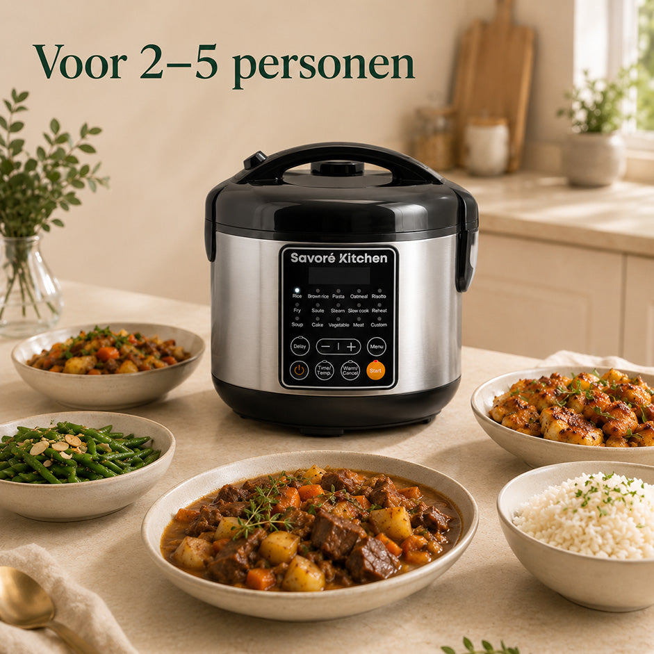 Savoré Kitchen Multicooker 3L voor 2 tot 5 personen — stoofvlees, rijst, groene bonen en geroosterde aardappelen op tafel