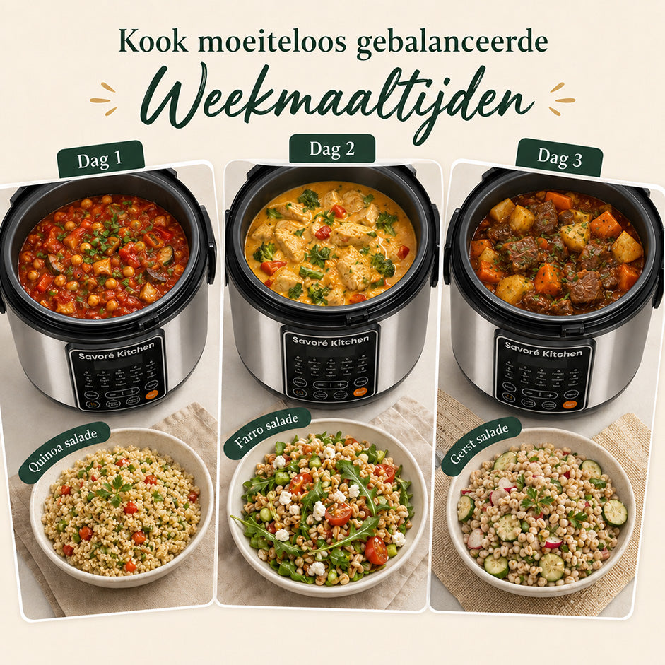 Savoré Kitchen Multicooker — drie dagen gebalanceerde weekmaaltijden met quinoa-, farro- en gerstsalade naast stoofschotels