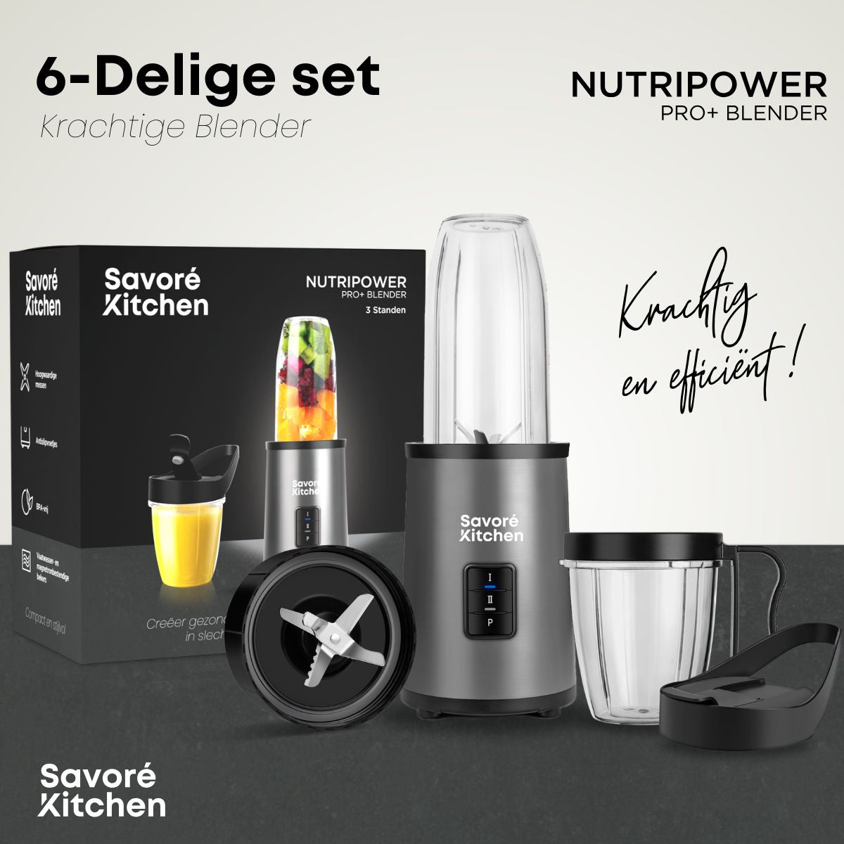 NutriPower Pro blender 6-delige set met accessoires en verpakking van Savoré Kitchen