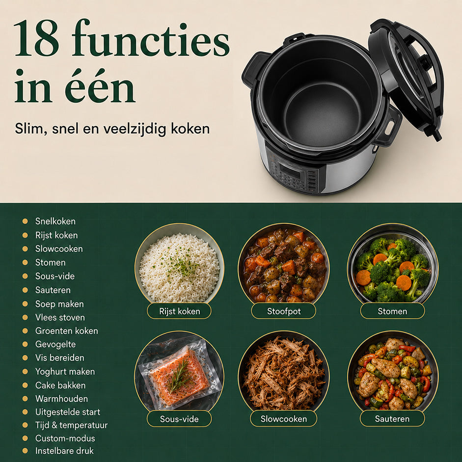 Savoré Kitchen Pressure Cooker met 18 functies — sous-vide, slowcooken, snelkoken, stomen, rijst koken en sauteren in één multicooker