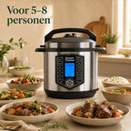 Savoré Kitchen Pressure Cooker 6L voor 5 tot 8 personen, met meerdere stoofpotten, rijst en soep op tafel