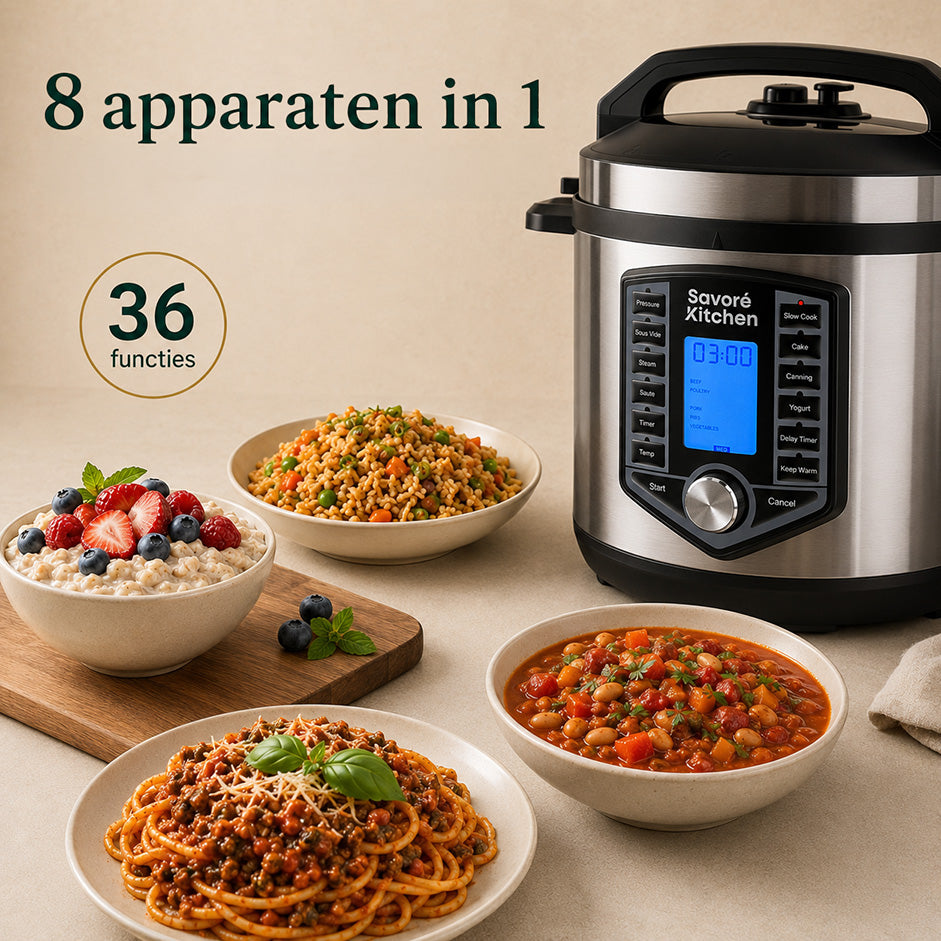 Savoré Kitchen Pressure Cooker met 8 apparaten in 1 en 36 functies, met havermout, rijst, pasta en bonenstoof