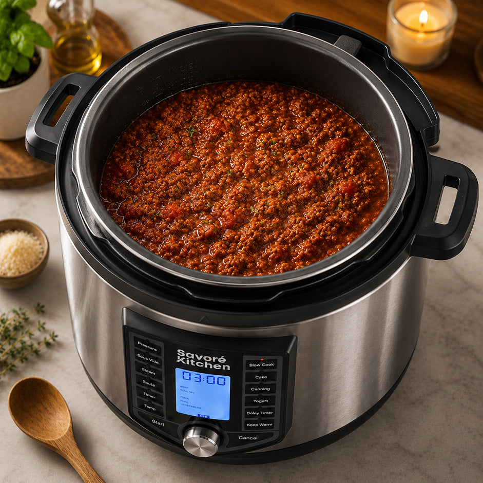 Savoré Kitchen Pressure Cooker gevuld met zelfgemaakte bolognesesaus, met LCD-display op 03:00