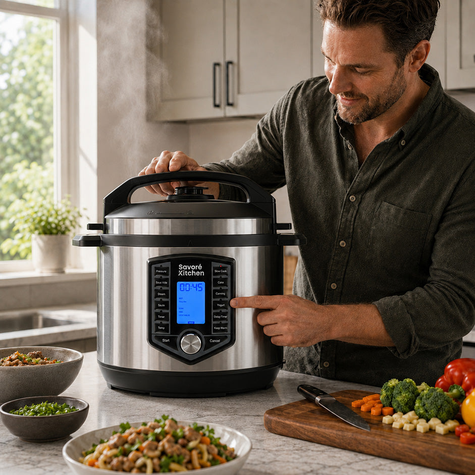 Man bedient de Savoré Kitchen Pressure Cooker met één druk op de knop, met verse groenten en een maaltijd op het aanrecht