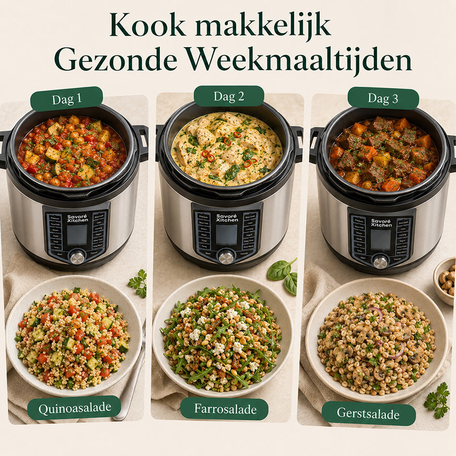 Savoré Kitchen Pressure Cooker voor gezonde weekmaaltijden, met quinoasalade, farrosalade en gerstsalade als 3-daagse meal prep