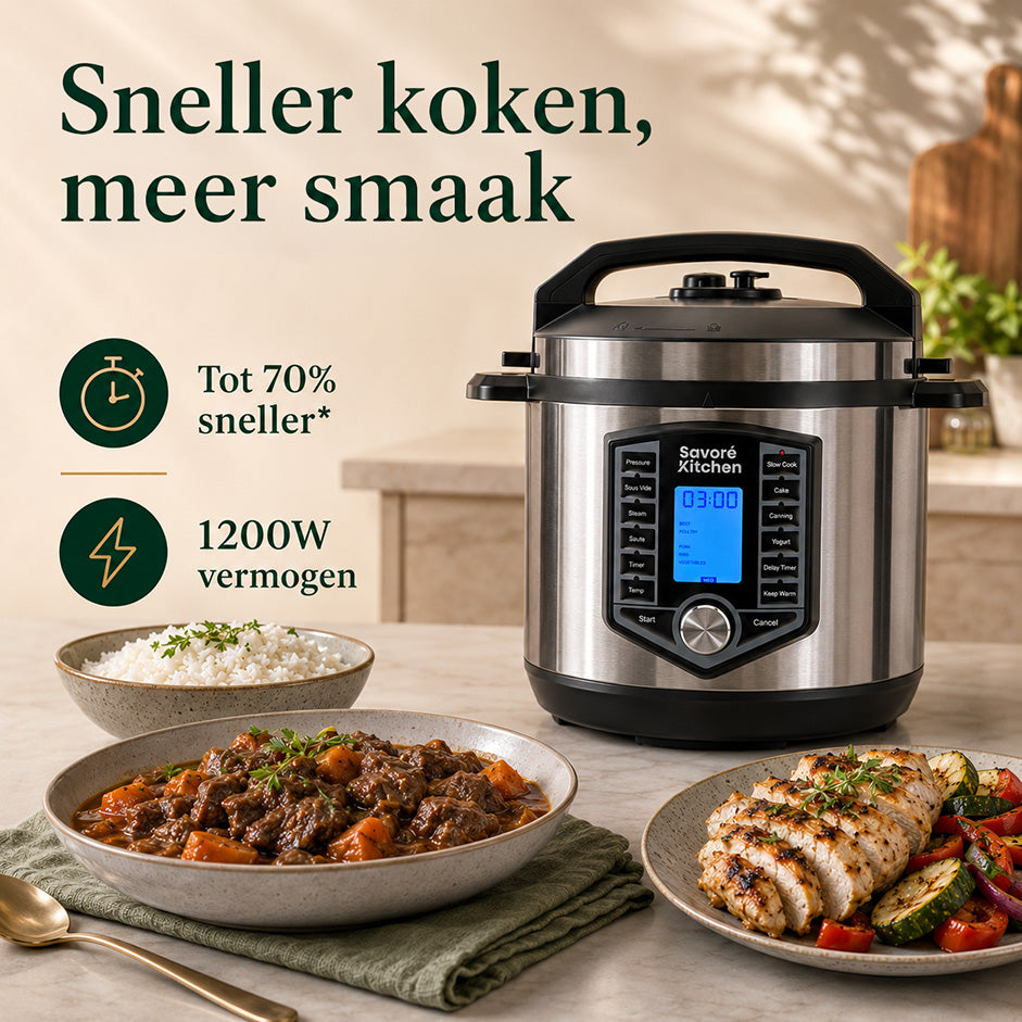 Savoré Kitchen Pressure Cooker kookt tot 70% sneller met 1200W vermogen, met rijst, stoofpot en gegrilde kip