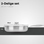 Savoré Kitchen RVS hapjespan 28 cm 2-delige set met deksel en afmetingen