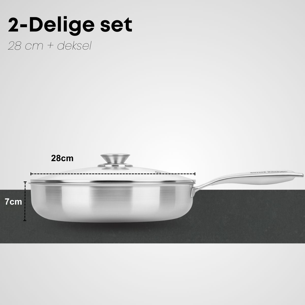 Savoré Kitchen RVS hapjespan 28 cm 2-delige set met deksel en afmetingen