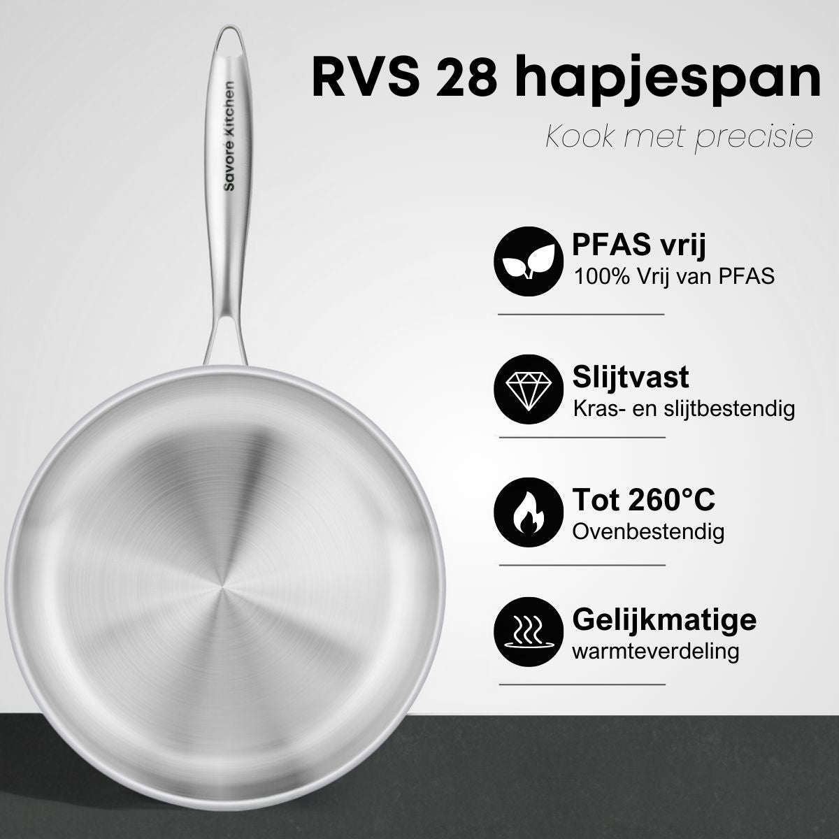 Savoré Kitchen RVS hapjespan 28 cm PFAS-vrij met gelijkmatige warmteverdeling