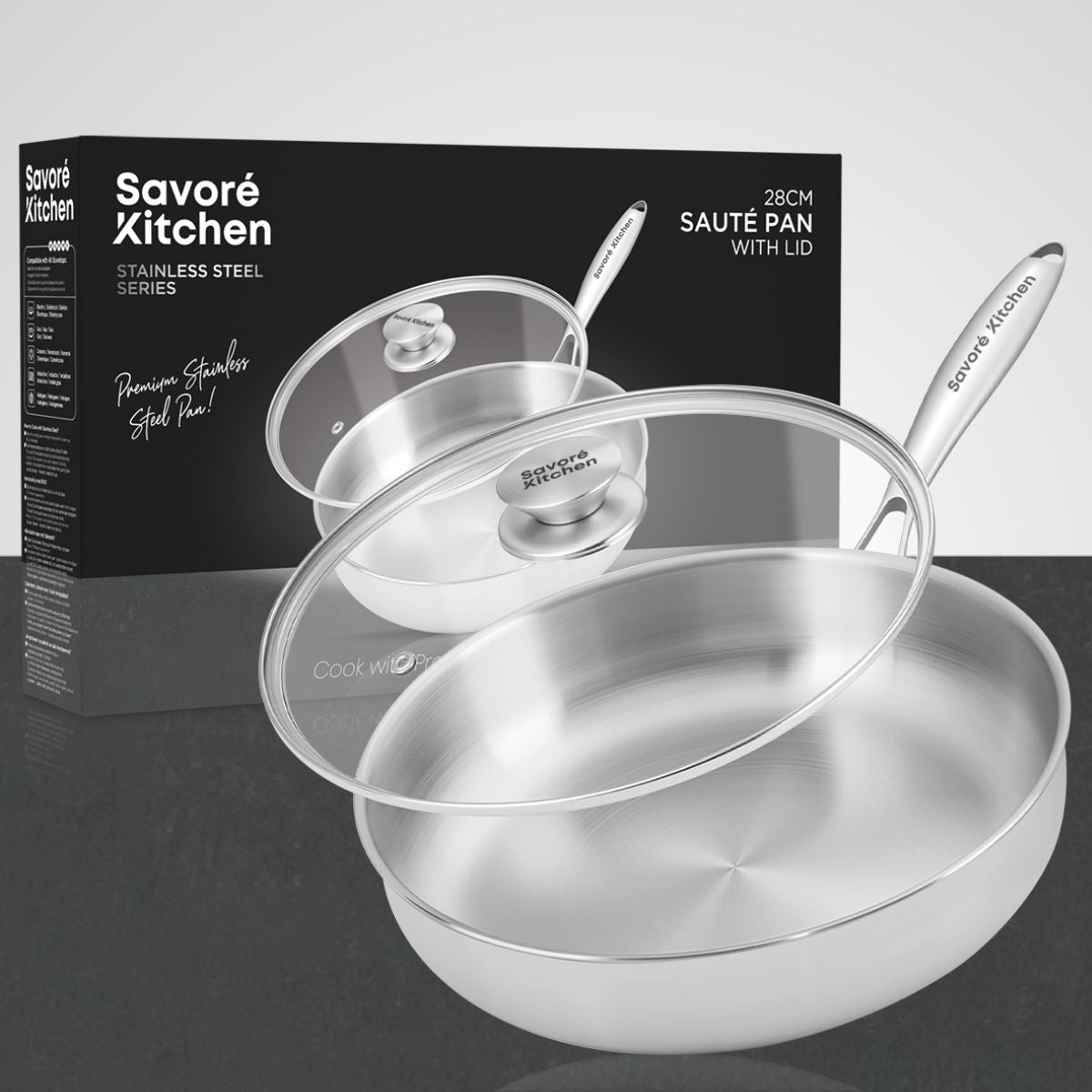 Savoré Kitchen RVS hapjespan 28 cm met glazen deksel en productverpakking