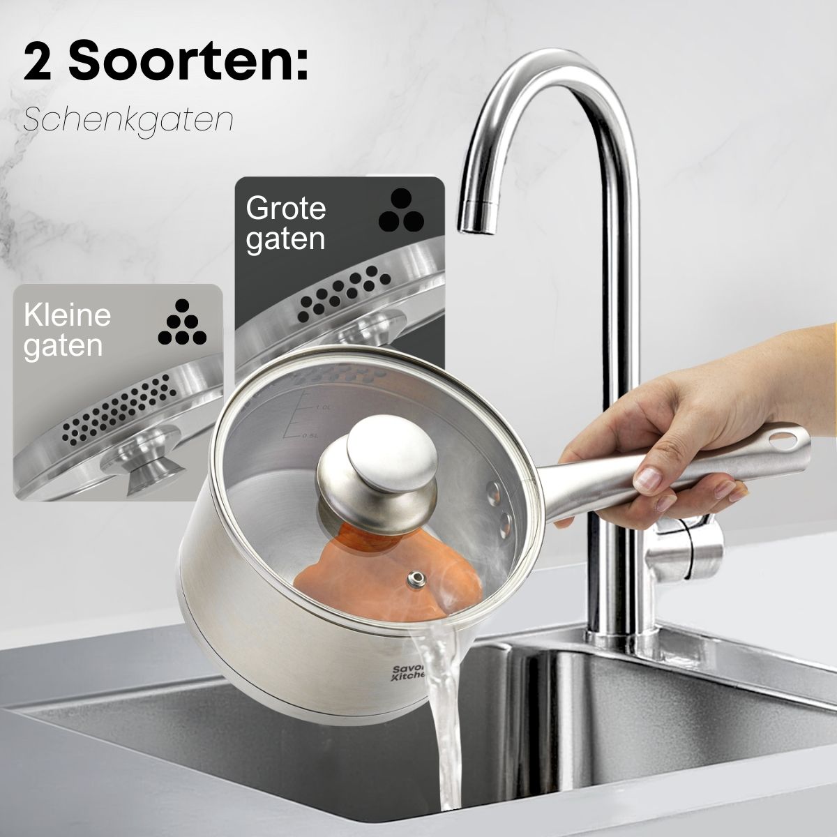 RVS pannendeksel met schenkgaten en zeefgaten voor makkelijk afgieten