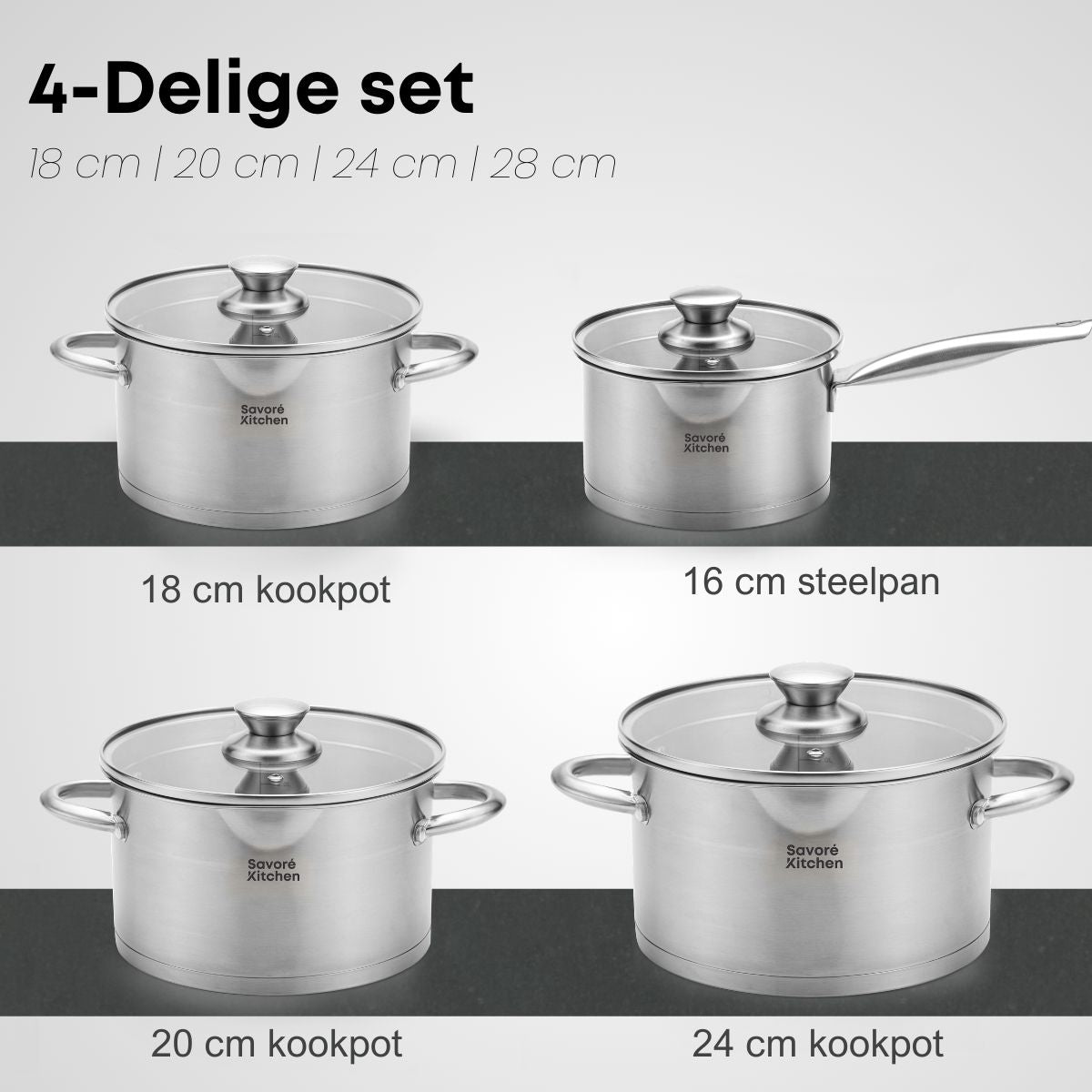 Overzicht van de Savoré Kitchen 4-delige pannenset met 16, 18, 20 en 24 cm