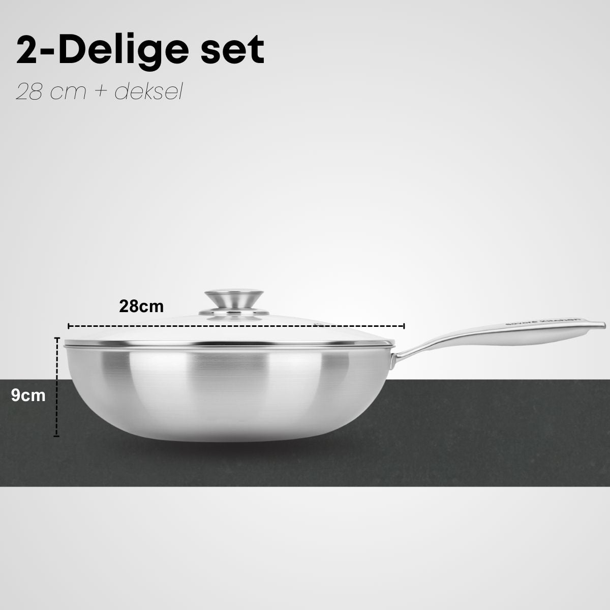 Savoré Kitchen RVS wokpan 28 cm 2-delige set met deksel en afmetingen