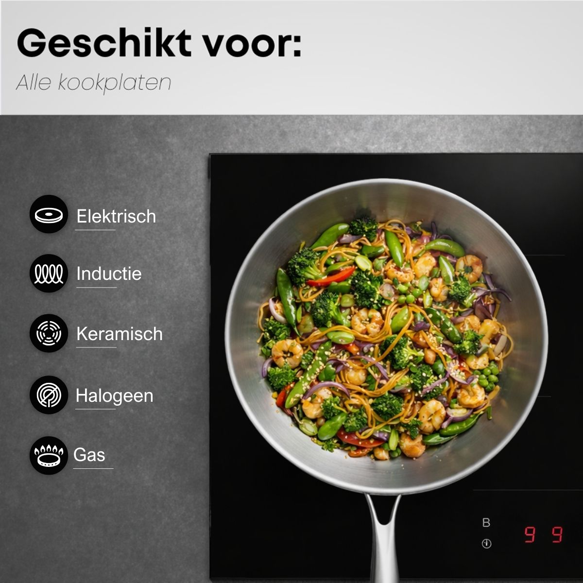Savoré Kitchen RVS wokpan 28 cm geschikt voor inductie, gas, elektrisch, keramisch en halogeen