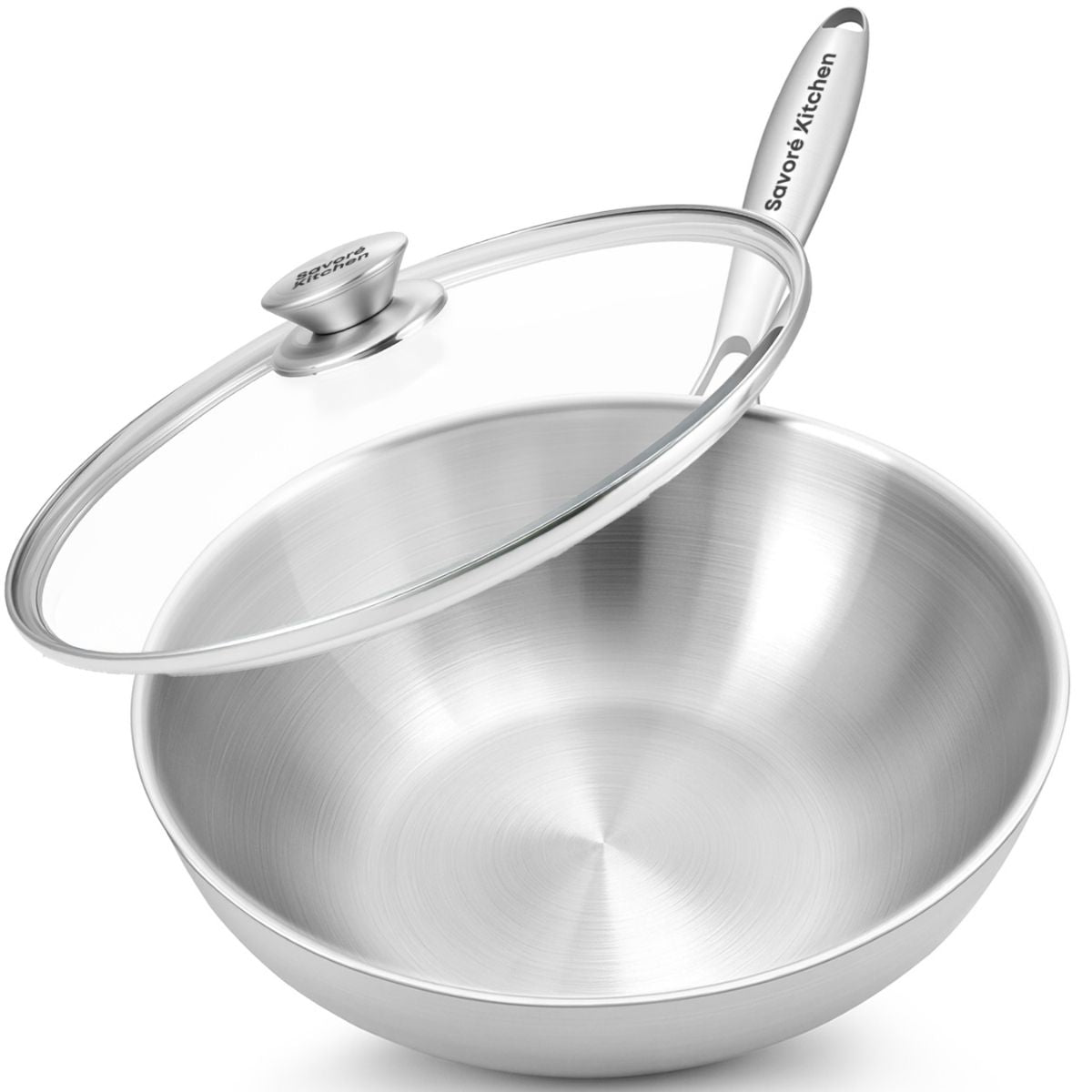 Savoré Kitchen RVS wokpan 28 cm met glazen deksel en 3-ply constructie