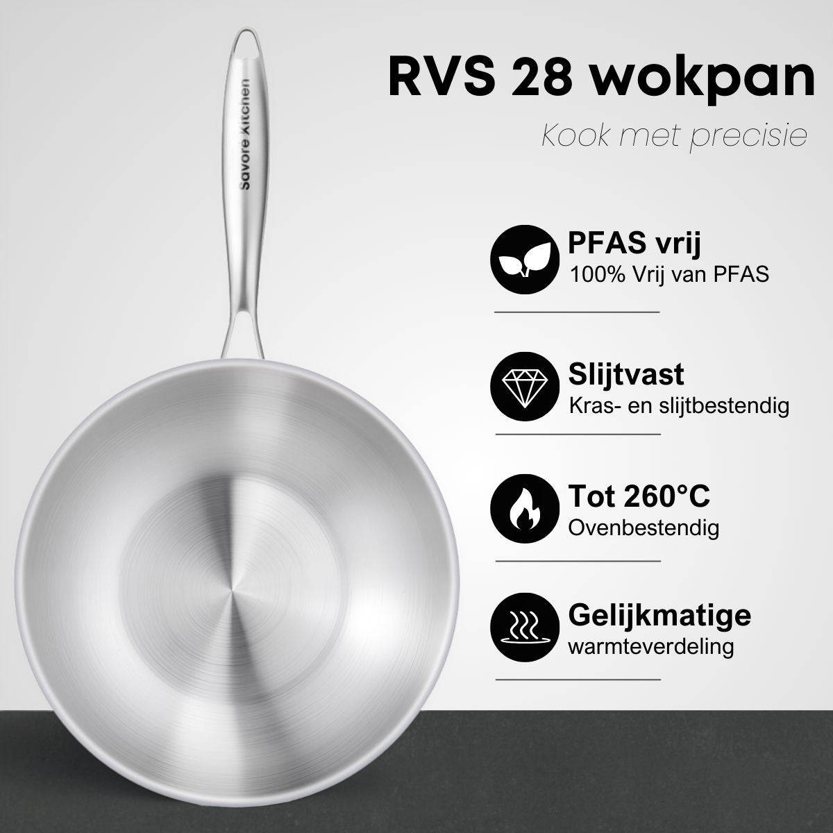 Savoré Kitchen RVS wokpan 28 cm PFAS-vrij met gelijkmatige warmteverdeling en ovenbestendig ontwerp