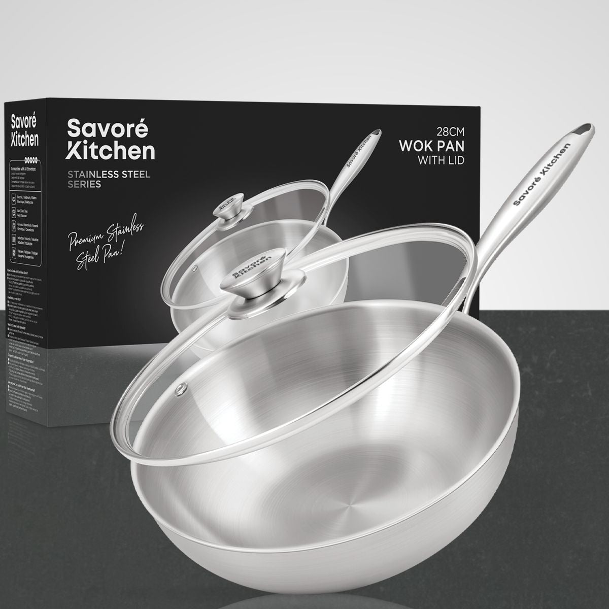 Savoré Kitchen RVS wokpan 28 cm in verpakking met glazen deksel