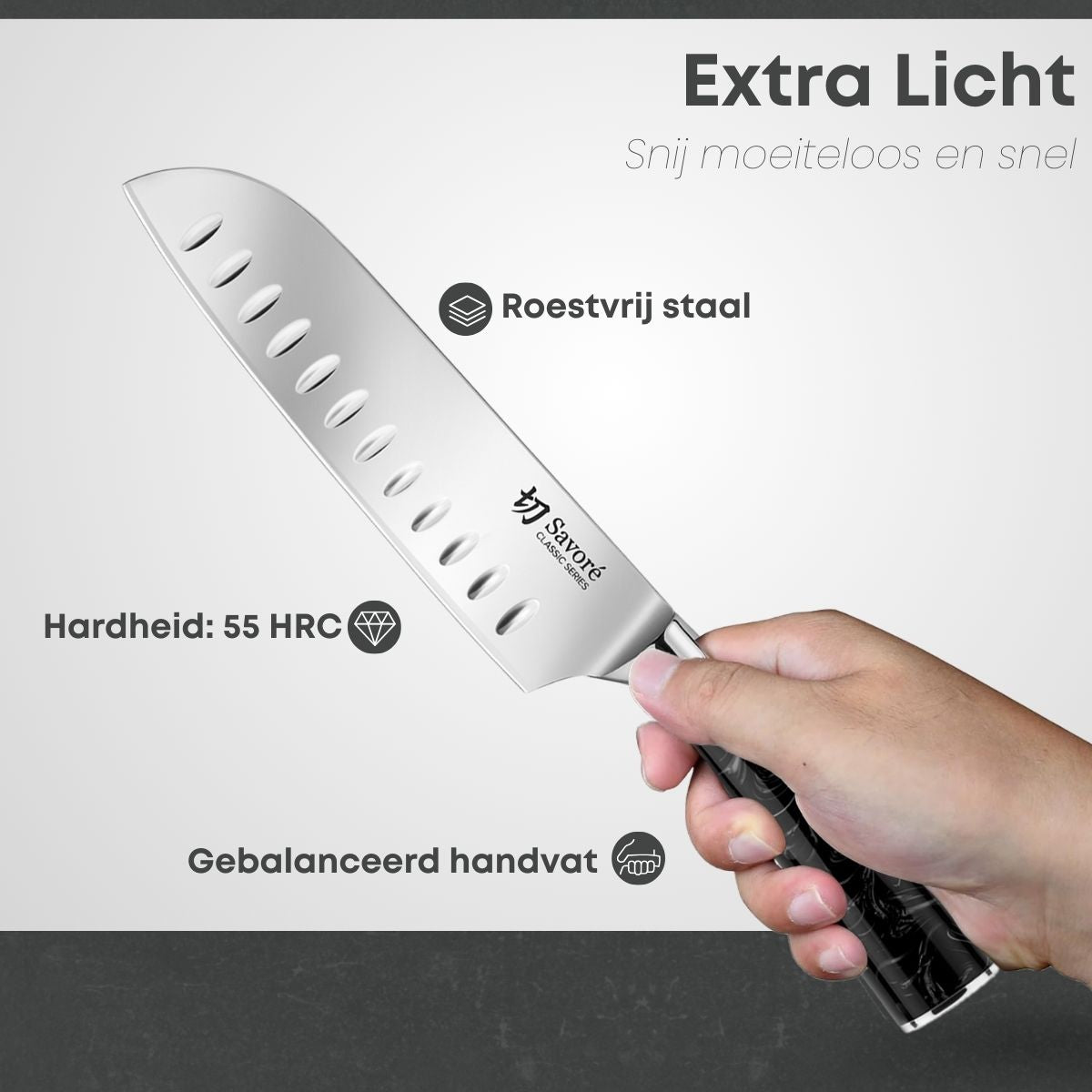 Lichtgewicht santoku-mes met gebalanceerd handvat voor moeiteloos snijden