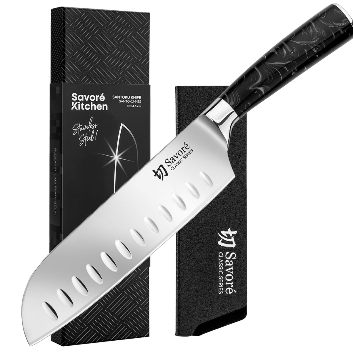 Savoré Kitchen santoku mes met vlijmscherp RVS lemmet, granton kuilen en ergonomisch handvat voor groenten, kruiden, vis en vlees