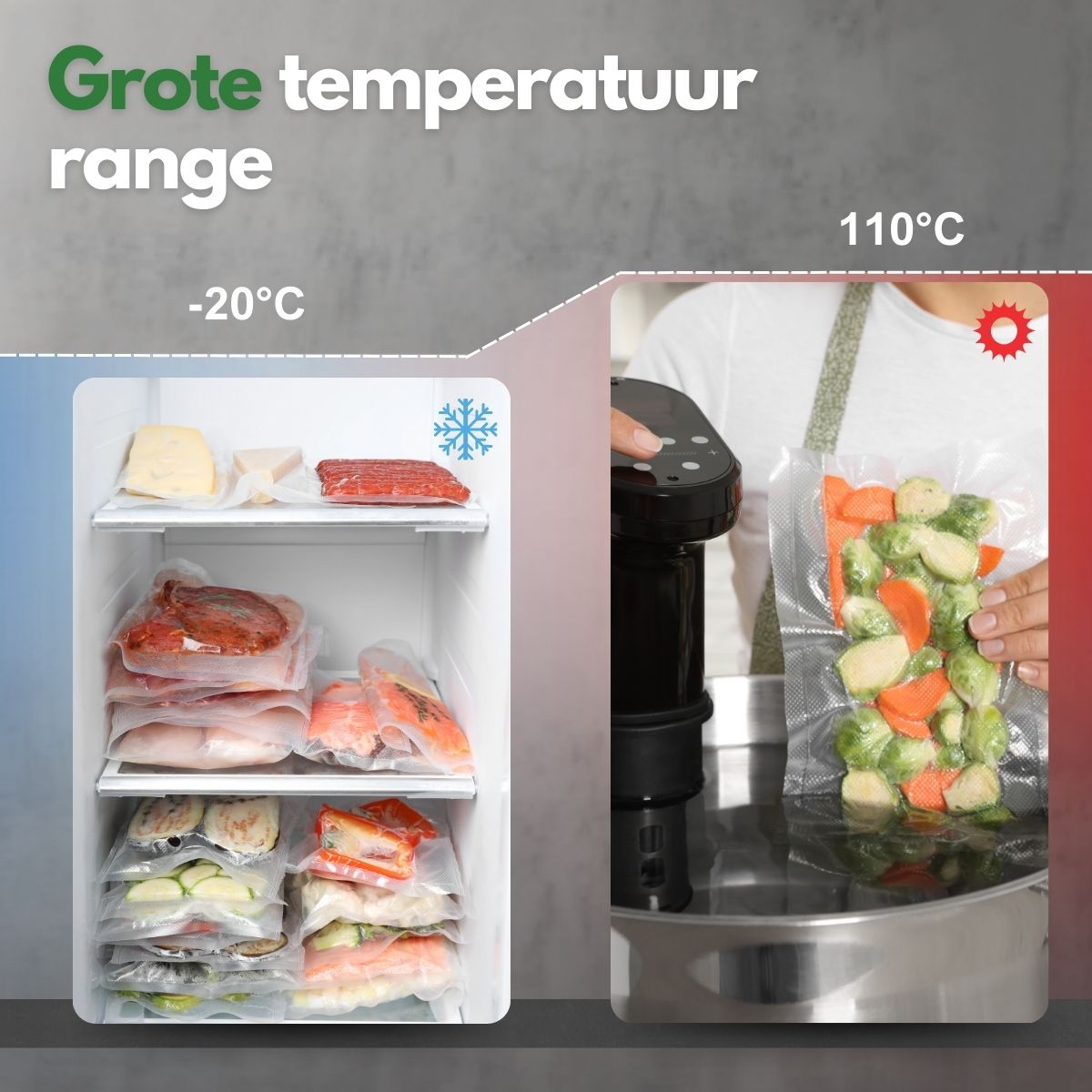 Vacuümzakken geschikt voor vriezer en warm gebruik (-20°C tot 110°C)