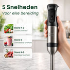 Staafmixer met 5 snelheden voor zachte, gemiddelde en krachtige bereidingen