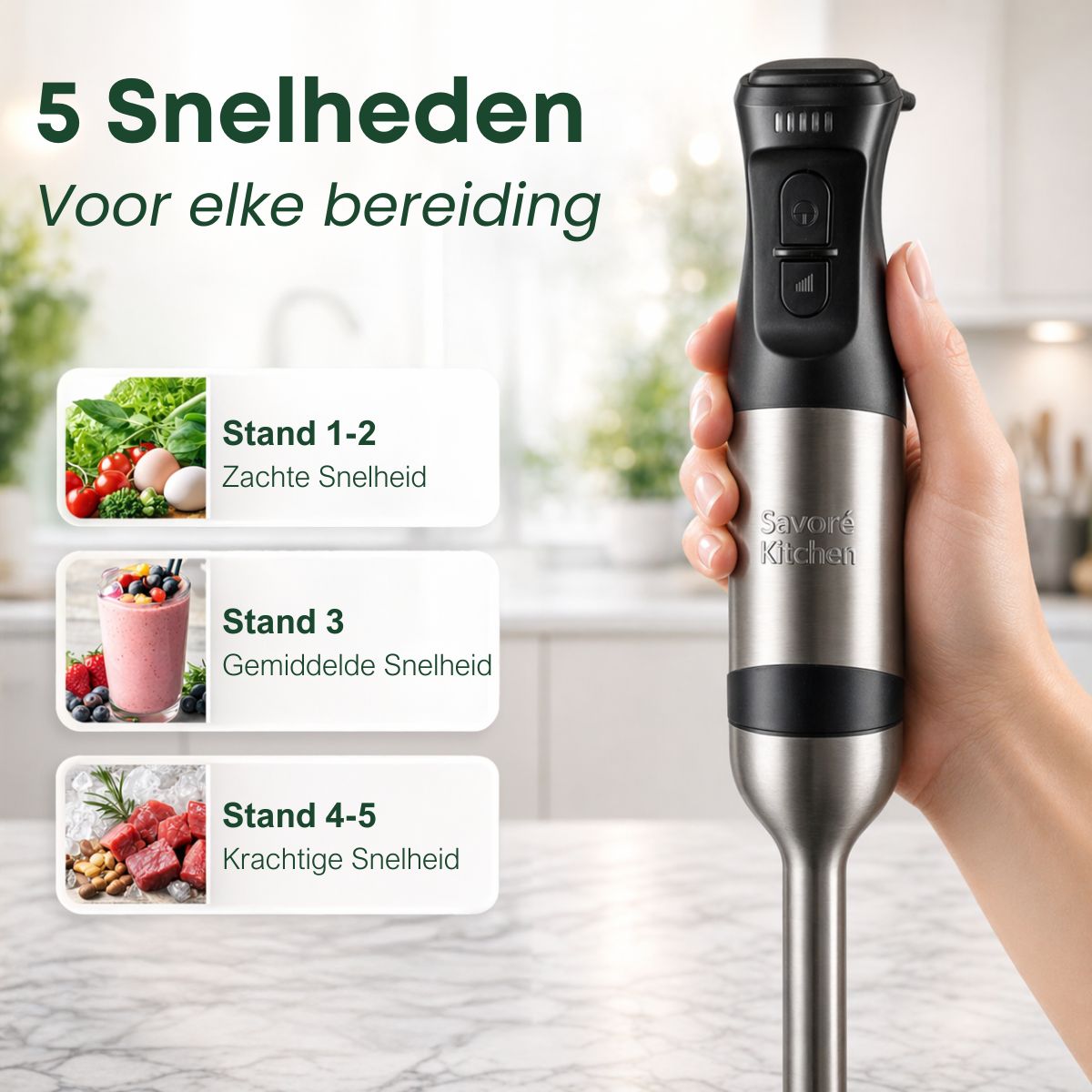 Staafmixer met 5 snelheden voor zachte, gemiddelde en krachtige bereidingen