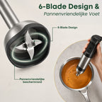 Staafmixer met 6-blade design en panvriendelijke voet voor glad mixen zonder krassen