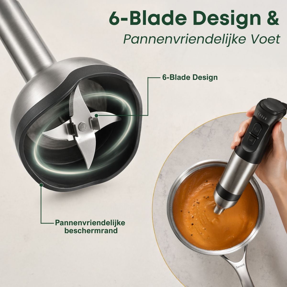 Staafmixer met 6-blade design en panvriendelijke voet voor glad mixen zonder krassen