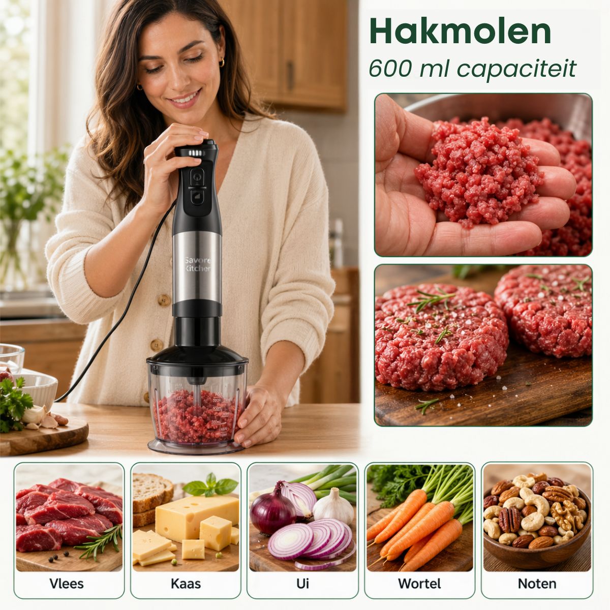 Staafmixer met 600 ml hakmolen voor vlees, kaas, ui, wortel en noten