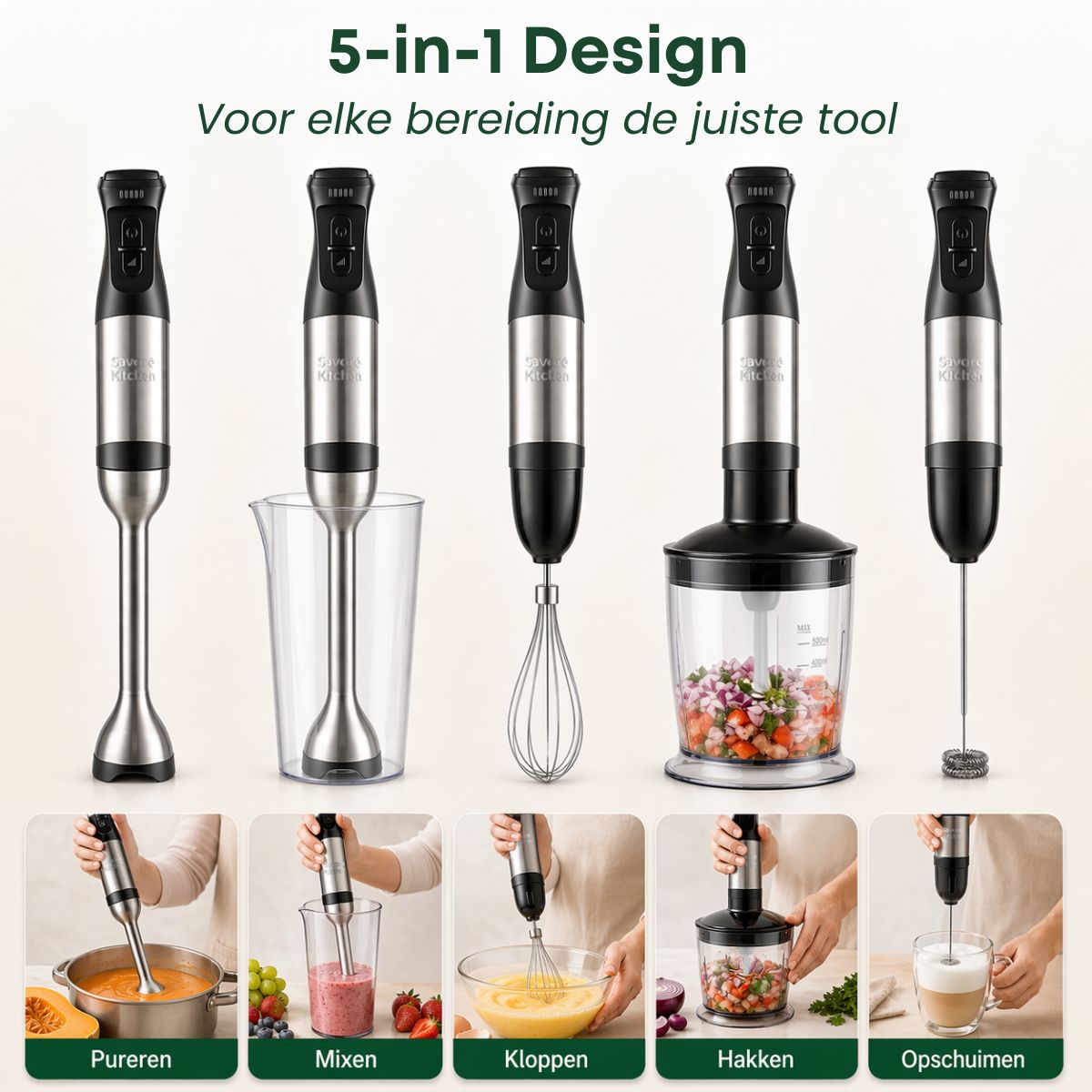 5-in-1 staafmixer set voor pureren, mixen, kloppen, hakken en opschuimen
